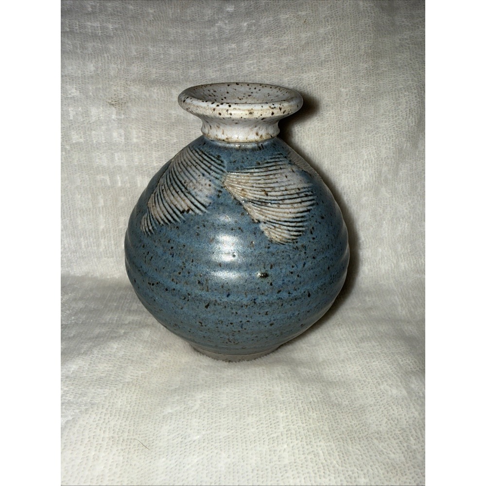 Vintage Signed Pottery Vase Blue Glazed With Fan Detail At top